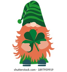 St. Patrick's Day Gnome. Leprechaun with clover. Vector isolated gnome with shamrock.