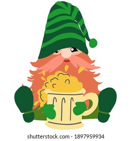 St. Patrick's Day Gnome. Leprechaun with beer. Vector isolated gnome with beer.