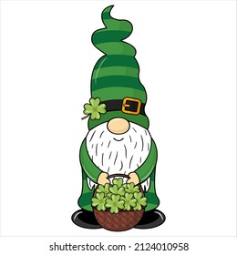 St. Patrick's Day Gnome mit Shamrock. St. Patrick's Day mit Kobold und Kleeblattkorb. Cartoon-Stil