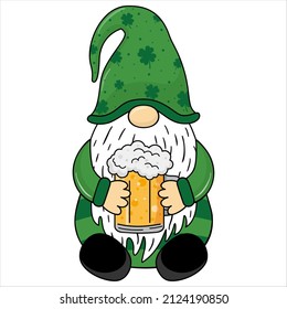 
St. Patrick's Day gnome with shamrock and beer. Cute gnome for St Patrick's Day. Cartoon style