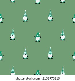 St patricks day gnomes cartoon seamless pattern. Green small leprechaun dwarfs. St patrick s day Irish gnomes on sage color background