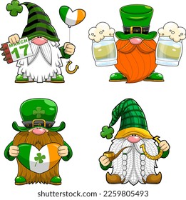 St. Patrick's Day Gnomes Cartoon Characters In Different Poses. Vector Hand Drawn Collection Set Isolated On Transparent Background