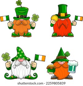 El Día de San Patricio Gnomes Personajes De Caricatura En Diferentes Poses. Conjunto De Colección De Dibujo De Mano De Vector Aislado En Fondo Transparente