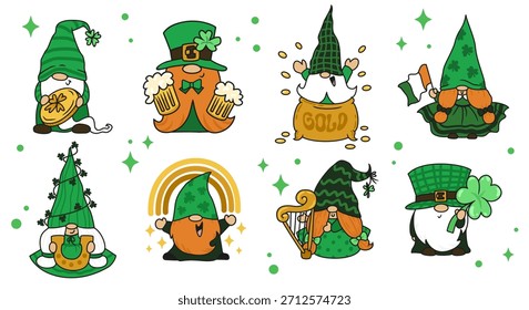 Día de San Patricio Gnomos lindos personajes de dibujos animados colección afortunada Ilustración vectorial de fondo de vacaciones irlandesas
