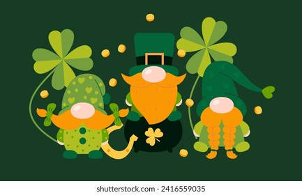 St. Patrick's Day gnomes. Green clover vector background. Irish holiday celebration. Gnome with shamrock and horseshoe