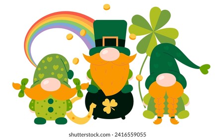St. Patrick's Day gnomes. Green clover vector background. Irish holiday celebration. Gnome with shamrock and horseshoe, rainbow