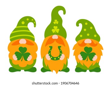 St patricks day gnomes holding shamrock. Cute three dwarf with red beards and green hats. Vector illustration with characters for St patrick's day. Irish gnomes in cartoon style. Holiday greeting card