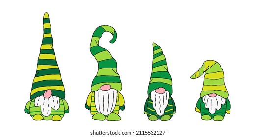 St. Patrick's Day gnomes. Little Scandinavian gnome in green. Doodle hand drawn cartoon characters. Stock vector illustration set.