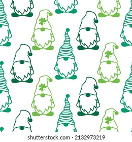 St patricks day gnomes outline silhouettes seamless pattern. Green leprechaun dwarfs. St patrick s day Irish gnomes contour shapes on white background