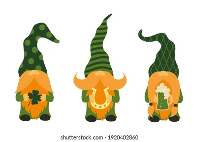 St. Patrick's Day Gnomes with shamrock, mug of beer and horseshoe. Set of 3 Saint Patricks Day Irish characters. Flat Vector illustration Isolated on white background.
