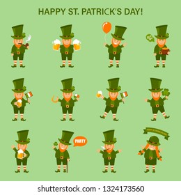 St. Patrick's Day, gnomes and traditional elements: hat, pot of gold, chimney, horseshoe, clover, beer and flag ball Vector illustration