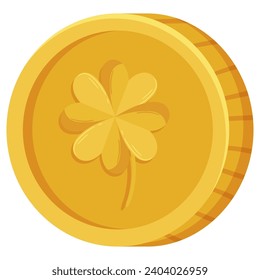 St. Patricks Day gold coin with four-leaves clover or shamrock