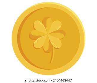 St. Patricks Day gold coin with four-leaves clover or shamrock