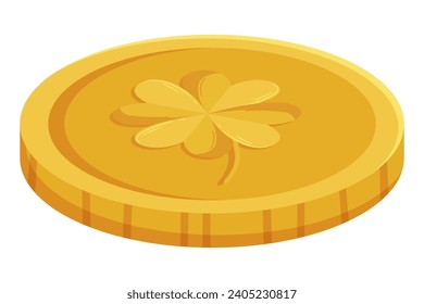 St. Patricks Day gold coin with four-leaves clover or shamrock