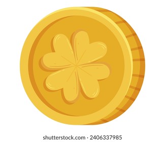 St. Patricks Day gold coin with four-leaves clover or shamrock