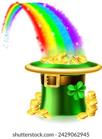 A St Patricks day gold coin filled leprechaun hat at the end of the rainbow 