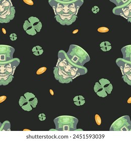 St. Patrick's Day with gold coins seamless pattern. Vector illustration for happy holiday design with shamrock. Ireland symbol pattern. Irish decor for the web