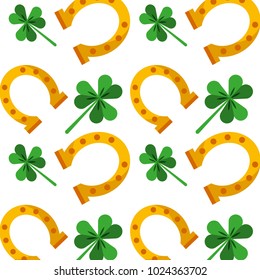 st patricks day gold horseshoe and clovers background