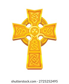 St Patrick's day golden Celtic cross icon or item. Saint Patrick day isolated cartoon vector symbol or icon. Ireland culture object or attribute, medieval Celtic ornate with clover leaf golden cross