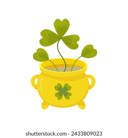 St patrick's day, golden clover pot, . vector illustration on white background for postcard, t-shirt, sticker,