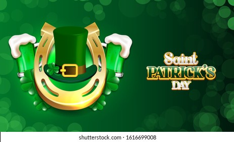 St Patrick's Day Golden Horse shoe, shamrocks and leprechaun hat