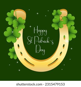 St. Patrick's Day, golden horseshoe with clover leaves, shamrock and congratulatory inscription. Illustration, banner, postcard, vector	
