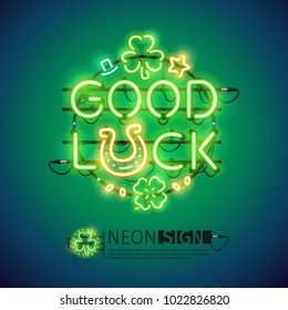 St Patricks Day good luck glowing neon sign makes it quick and easy to customize your holiday projects. Each of object is named and placed in a symbol panel. Used neon vector brushes are included.