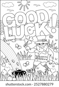 St. Patrick's Day "Good Luck!" greeting coloring page, poster, sign or banner black and white activity sheet 
