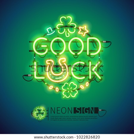 St Patricks Day good luck glowing neon sign makes it quick and easy to customize your holiday projects. Each of object is named and placed in a symbol panel. Used neon vector brushes are included.