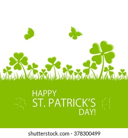 St. Patrick's Day green background with clovers in grass and flying butterfly, illustration. 