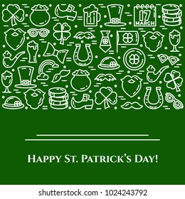 St. Patrick's Day green banner with thin line elements of holiday symbols collected in form of horizontal rectangle. Vector illustration of isolated outline icons with editable stroke.