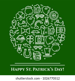 St. Patrick's Day green banner with thin line elements of holiday symbols collected in form of round. Vector illustration of isolated outline icons with editable stroke.