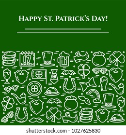 St. Patrick's Day green banner with thin line elements of holiday symbols collected in form of horizontal rectangle. Vector illustration of isolated outline icons with editable stroke.