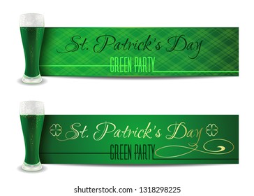 St. Patricks Day green banner set with a glass of green beer. Happy St. Patrick's Day. Patricks Day design collection. Vector illustration