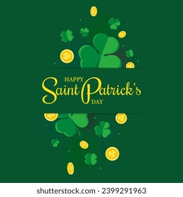 St. Patrick's Day green banner with sign, shamrock and coins