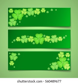 St. Patrick's day green banners with shamrock leaves. Three leaf clover. Vector illustration