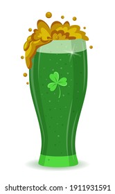 St Patrick's day green beer in flat cartoon style. Vector glass with cold beer on white. Saint Patrick's Day concept Glass with splashing beer. Drink menu for celebration. For card, poster, banner