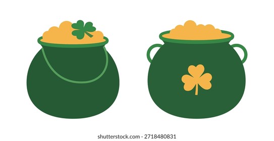 Dia de São Patrício Caldeirão Verde com moedas de ouro e Shamrock clipart.
Conjunto de ilustrações de vetor plano.
Fundo branco.