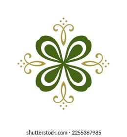 St Patrick's Day green clover Irish lucky elegant antique curved ornate vintage icon vector flat illustration. Celtic traditional shamrock plant fortune success prosperity symbol curly classic badge