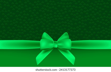 Fondo vectorial del trébol verde del Día de San Patricio con arco de regalo. Celebración de feriados irlandeses. Plantilla de diseño del día de San Patricio. Arco verde con hojas de trébol. Fondo verde