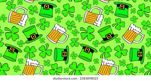 st. patrick's day green clover shamrock hat beer doodle style modern seamless bright color pattern green background