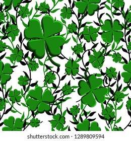 St Patricks Day Green Clovers weaving with lianas seamless pattern background. Vector illustration for lucky spring design with shamrock. Ireland symbol Irish decor for web site or wallpapers