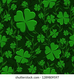 St Patricks Day Green Clovers weaving with lianas seamless pattern background. Vector illustration for lucky spring design with shamrock. Ireland symbol Irish decor for web site or wallpapers