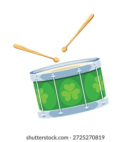 St Patrick's day green drum musical instrument icon or item. Ireland culture holiday isolated vector attribute, Saint Patrick day cartoon icon. Irish party drumsticks and drum decorated clover leaves
