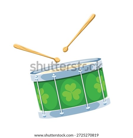 St Patrick's day green drum musical instrument icon or item. Ireland culture holiday isolated vector attribute, Saint Patrick day cartoon icon. Irish party drumsticks and drum decorated clover leaves