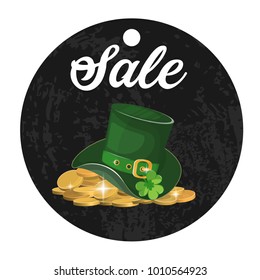St. Patrick's day green hat with clover sale. Stock vector.