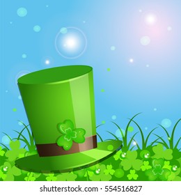 St. Patrick's day . Green hat with clover. Background, banner, card .Vector illustration.