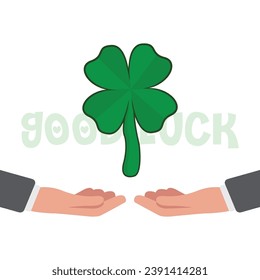 St. Patrick's day green heart shaped leaf, business man cheering good luck isolated on background