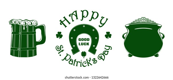 St. Patricks Day green icon set. St. Patrick Day symbols collection. Mug of beer, a pot of leprechaun with gold, a horseshoe for good luck. Vector illustration