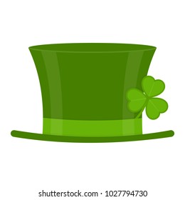 St Patrick's Day green leprechaun hat with clover leaf isolated on white background. Vector illustration of Irish holiday symbol